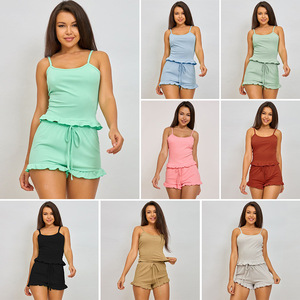 Meilleures ventes : Ensemble deux pièces sexy pour femme avec short à bretelles, couleur unie ou rayé, pour la maison - Product Image 1