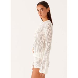 Custom 2026 Crochet Two Piece Set Women <b>Long</b> <b>Sleeve</b> <b>Shirt</b> Shorts Summer Beach Coverup Elastic Waist Straight Silhouette - Product Image 3