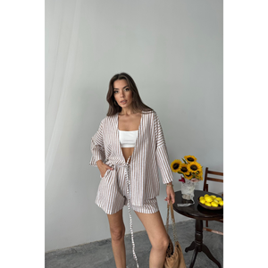 Conjunto de túnica y pantalones cortos a rayas beige, conjunto de verano para mujer, ropa informal holgada, talla S - Product Image 2