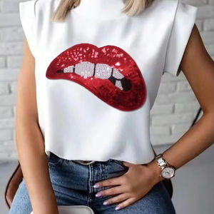 Verano Casual cuello alto manga corta algodón <span class=keywords><strong>camiseta</strong></span> personalizada alta calidad brillante lentejuelas <span class=keywords><strong>boca</strong></span> <span class=keywords><strong>camiseta</strong></span> para <span class=keywords><strong>mujer</strong></span> - Product Image 1