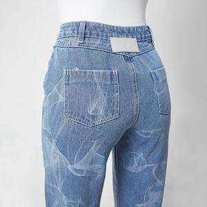 Denim <strong>Burn</strong> Out Lady High Waist Pants <strong>Laser</strong> Etching Womens Cotton Jean <strong>Laser</strong> Printing <strong>Blue</strong> Washed Straight Women Jeans - Product Image 5