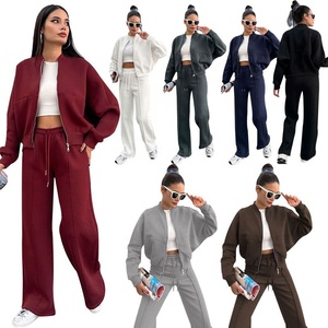 Ensemble <span class=keywords><strong>femme</strong></span> pour l'automne et l'hiver, nouveau et tendance, couleur unie, cardigan zippé en <span class=keywords><strong>velours</strong></span>, <span class=keywords><strong>pantalon</strong></span> droit décontracté - Product Image 1