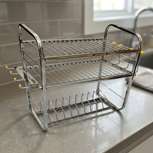 Étagère à vaisselle en métal à 3 niveaux, 18 pouces, organiseur de rangement pour bols et assiettes de cuisine avec crochets - Product Image 3