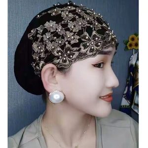 Nouveau design <span class=keywords><strong>2022</strong></span> – Chapeau décontracté en velours doré pour femme avec bord fleuri – Chapeau populaire pour foulard musulman - Product Image 2