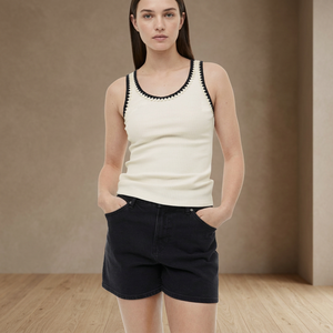 Women's Cream Ribbed Tank Top With Black Trim Scoop Neck Casual Knitted Sleeveless Top Solid Color Breathable Summer Wear - Product Image 3