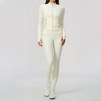 Jaket Wanita Kerah Tegak Resleting, Legging Pinggang Tinggi, Set Yoga, Ritsleting Emas, Lubang Jempol, Pakaian Olahraga Fitness, Tersedia 5 Warna