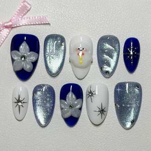 Set de Uñas Rosadas para el Día de San Valentín con Perlas 3D, Uñas Postizas de Ojo de Gato Azul y Rojo, Uñas Personalizadas Pintadas a Mano de Alta Calidad - Product Image 2