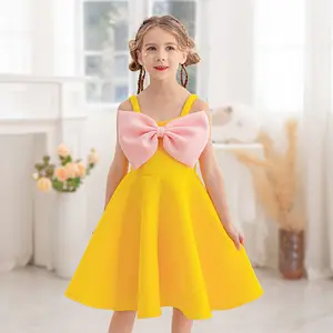 黄色时尚大蝴蝶结上身前膝长缎面品质新设计学步女孩儿童夏装派对裙