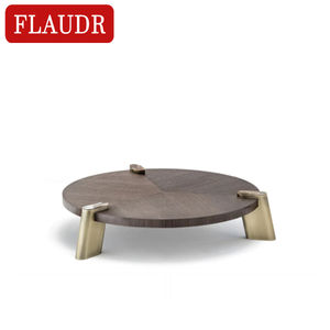 Mesa de madera sólida tradicional, mesa de centro con base de latón fino, redondo, gris, primitivo - Product Image 1