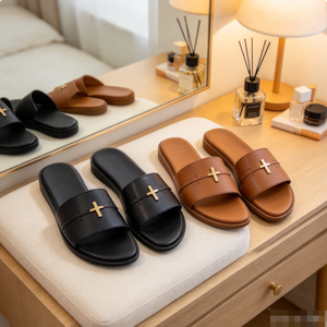 Sandalias planas de cuero genuino para mujer, de verano, con punta abierta, con detalles metálicos cruzados, fáciles de poner. - Product Image 5
