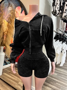 Viviblook Z414ST Women Fitness Sports Shorts Set Washed Zippered Hooded Jacket Top Shorts Tracksuit Two Piece Set for Ladies - Product Image 2