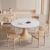 Table à manger ronde pliable moderne et simple avec plateau en pierre frittée blanche et base en bois de tulipe pour restaurant, hôtel, ferme