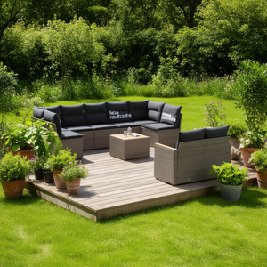 Ensemble de canapé de jardin en rotin avec table, coussins gris foncé, mobilier d'extérieur, 6 places, design contemporain - Product Image 2