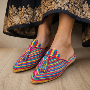Sandalias Artesanales de Moda con Rayas de Rafia, Colores Mixtos, Punta Abierta, Suela de Cuero Genuino, Transpirables, para Interiores, Todas las Estaciones - Product Image 2