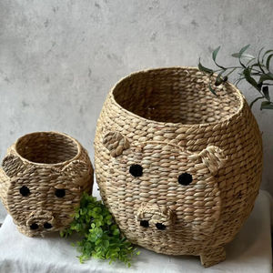 Vente chaude tissé à la main jacinthe d'eau cochon Animal forme panier pour enfants pépinière chambre décor jouet paniers prix de gros - Product Image 1