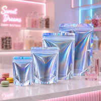 Sacs en Mylar holographiques personnalisés avec logo, pochettes verticales, sacs refermables à fermeture éclair effet laser arc-en-ciel pour emballage de bonbons, snacks, aliments et gloss à lèvres