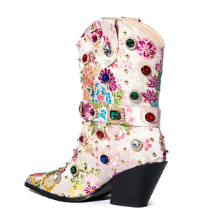Women Colorful Diamonds Mid Calf Booties Pointy Toe High Wedge Heels Short Boots Slip-On Autumn <b>Shoes</b> - Product Image 5