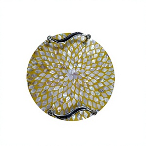 Round Decorative Tray With Floral Shell Inlay Pattern Modern Design Handle For Home <b>Decor</b> - Product Image 1