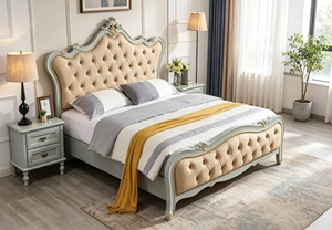 European Style Queen Size Wooden Bed <b>Frame</b> with Tufted Upholstered Headboard and Footboard Soft Faux Leather Design - Product Image 6