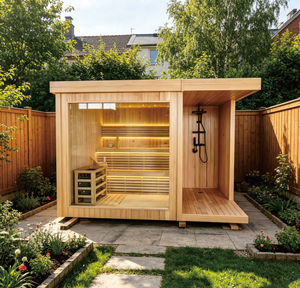 Sauna commercial moderne avec <span class=keywords><strong>douche</strong></span>, capacité 2 personnes, chauffage à vapeur sèche 9KW, construction <span class=keywords><strong>en</strong></span> <span class=keywords><strong>bois</strong></span> massif de pruche, éco-responsable et <span class=keywords><strong>solaire</strong></span> - Product Image 1