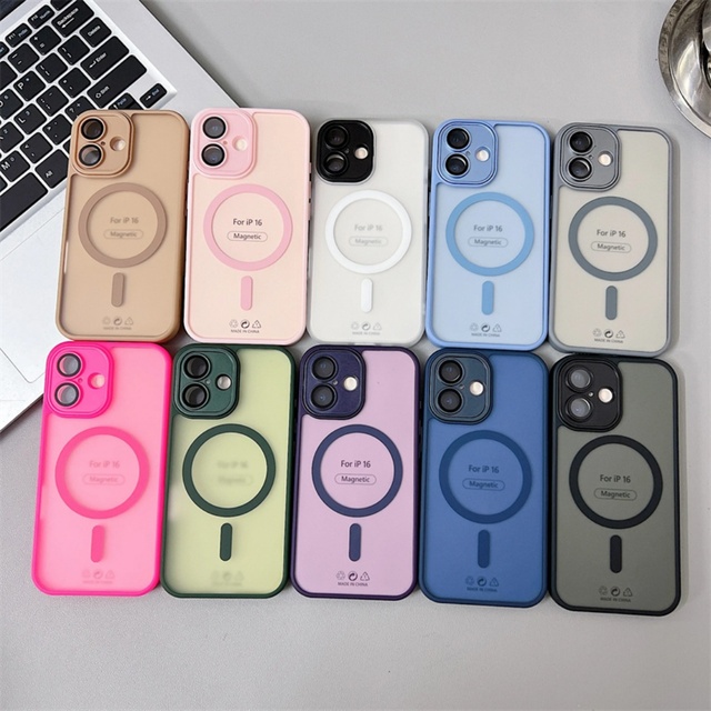 Korean Stylish Magnetic Matte Phone Case for iPhone 16 15 14 13 12 11 Pro Max Plus Simple Lens Protector Shockproof Back Cover