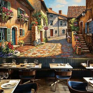 Murale da Parete Stile Art Déco Europeo con Villaggio in Pietra, Bicicletta, Caffè e Strada, Carta da Parati Vintage per Ristoranti e Bistrot - Product Image 1
