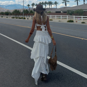 Romantic Eco-Friendly Lace Ruffle Breathable Anti-Pilling Natural Waist A-Line Maxi Skirt Women <b>Flowy</b> Casual Spandex/Polyester - Product Image 3