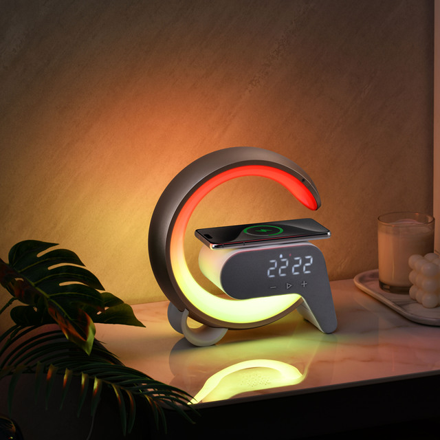 Smart Multi-Functional Table Clock RGB Light Bedside Alarm with Wireless Charger