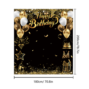 Imprimé personnalisé 5.9x6.5ft <span class=keywords><strong>anniversaire</strong></span> toile de fond mur Portable Polyester bannière noir or pour la photographie Photo toile de fond fête - Product Image 2