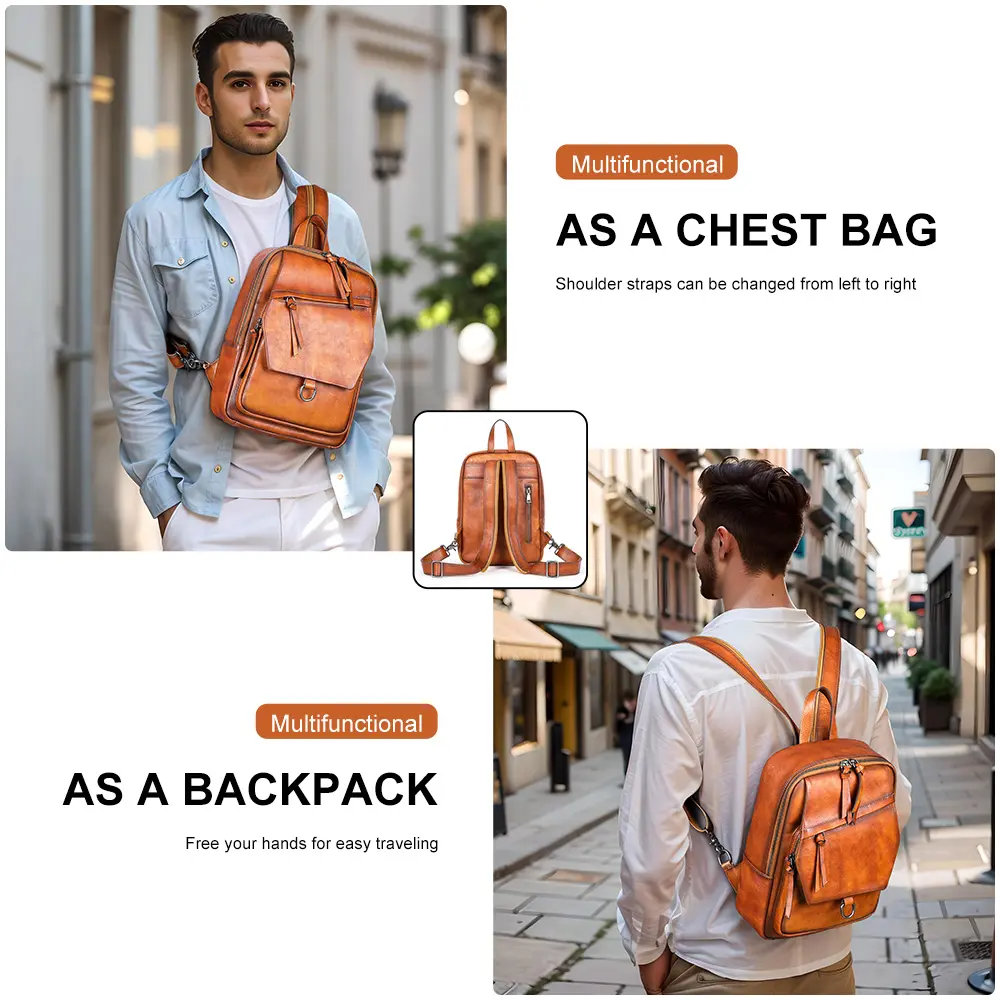 Marrant Bolsa de couro para homens, mochila multifuncional de viagem com corpo cruzado, bolsa de ombro para peito, bolsa tipo estilingue de couro genuíno para homens