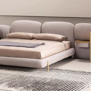 Stone Designer Echtlederbett, italienisches, leicht luxuriöses, minimalistisches Villa-Schlafzimmer, hochwertiges, vom Boden bis zur Decke reichendes Doppel-<span class=keywords><strong>Ehebett</strong></span> - Product Image 5