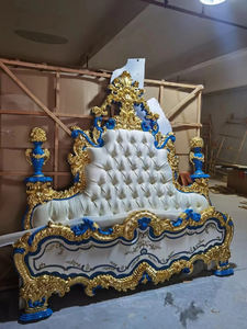 Juego de dormitorio de lujo <span class=keywords><strong>barroco</strong></span> hecho a mano 2023, Villa italiana clásica, tallado en madera, diseño francés, cama crema azul para uso doméstico en Hotel - Product Image 4