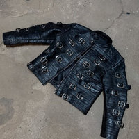 Veste en cuir à col rabattu, coupe ample et courte, entièrement zippée, à rayures noires, avec accessoires à boucles métalliques, poids lourd, personnalisable, marque privée
