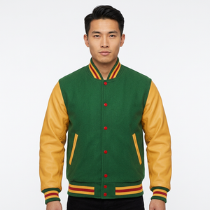 Chaqueta Varsity Verde y Amarilla para Hombre con Mangas de Cuero PU y Botones Rojos, Ropa Casual de Otoño - Product Image 1