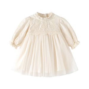 Vestido Vintage Francés para Bebé Niña con Encaje y Tul Suave, Body de Algodón de Manga Larga, Pelele Personalizado para Bebé - Product Image 1