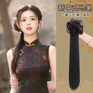 Nueva peluca Hanfu de estilo chino con cola de caballo y cabello liso para mujer, de una pieza, fácil de usar. - Product Image 4