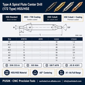 Foret de centrage DIN333 172 Type A A1 A6 HSS HSSE M35 Cobalt revêtu TiN à cannelure spirale 60 degrés résistant à l'usure pour tour CNC - Product Image 3