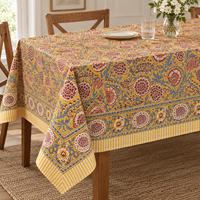 Nappe rectangulaire 100 % coton imprimée au bloc, motif floral botanique jaune, pour table à manger