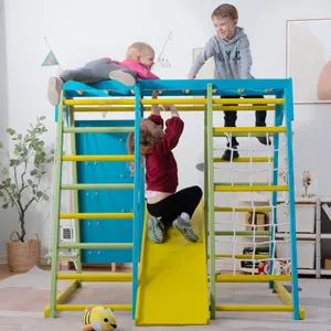 Indoor Playground 8 In 1 Jungle Gym Play Set For Kids Slide Climbing Wall Rope Wall Climber Swing Waldorf Style Climb Set