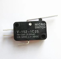 Micro-interrupteur à contact plastique noir SPDT V-152-1C25, 220V AC 12VDC 15A IP11, 30000 cycles, température de fonctionnement -25°C +85°C