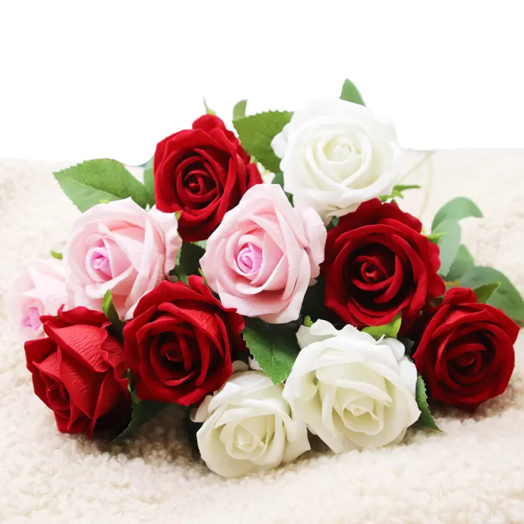 Amazon Hot Selling White Silk Large Rose Flores Artificial Flower Floral Bulk Velvet Roses For Wedding Bohemian Home Decor
