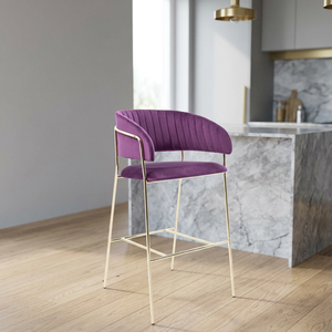 Velvet Upholstered <b>Foam</b> Filled Bar Stool Metal Frame Curved Back Chair Gold Finish Modern <b>Seating</b> for Kitchen Island Home Bar - Product Image 2