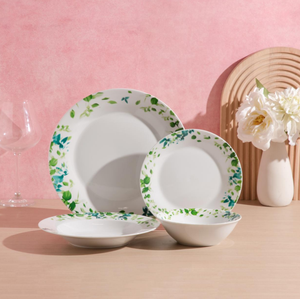 Juego de vajilla de cerámica con hojas verdes frescas, plato y tazón con estampado botánico en acuarela para primavera, hogar, cocina, hotel, restaurante, venta al por mayor - Product Image 1