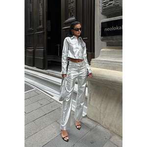 Conjunto de Traje para Mujer Christie's Silver Satin, Manga Larga, Estilo Casual Otoñal - Product Image 2