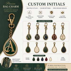 Étiquette de sac personnalisée en laiton antique, <span class=keywords><strong>lettre</strong></span> <span class=keywords><strong>R</strong></span> en forme de goutte d'eau avec émail vert foncé et branche de laurier, chaîne gourmette et fermoir mousqueton - Product Image 3