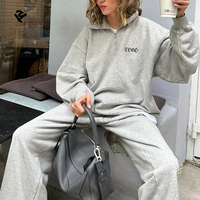 F240562 Sweat-shirt et pantalon de survêtement à lettre graphique avec demi-fermeture éclair à épaules tombantes Fabricants de vêtements Ensemble 2 pièces personnalisé pour femmes