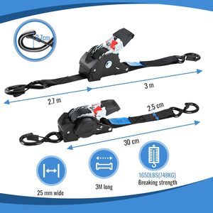 Sangle d'arrimage automatique 3 m <span class=keywords><strong>x</strong></span> 25 mm, sangles d'arrimage auto-enroulantes avec crochet en S pour camions, remorques, motos, vélos - Product Image 2