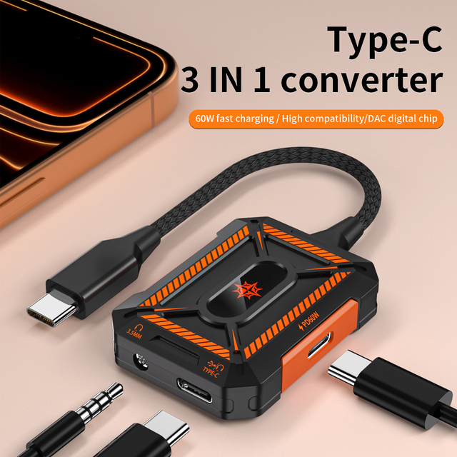 3-in-1 USB C to 3.5mm Audio Splitter, PD 60W Fast Charge OTG Data Transfer USB C Aux Headphone Adapter for iPhone17/16 Samsung