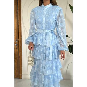 Robe trapèze superposée bleu ciel à taille naturelle en tissu translucide pour usage quotidien décontracté - Product Image 2