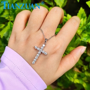 Collar de Plata S925 con <span class=keywords><strong>Colgante</strong></span> de Cruz de Moissanita de 3mm, Joyería Redonda <span class=keywords><strong>Blanca</strong></span> D VVS, Regalo para Compromiso, Boda o Cita - Product Image 4